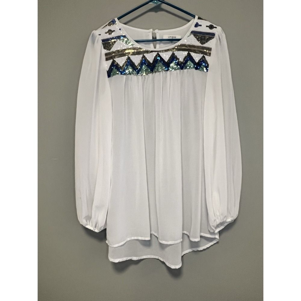 Umgee Women's Long Sleeve Blouse White Size Small Sequin Chest Sheer Romantic
